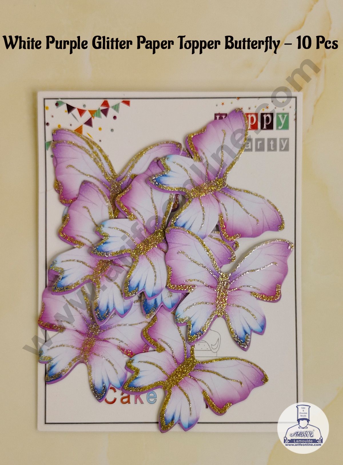 CAKE DECOR™ 10 Pc White Purple Glitter Colour Butterfly Paper Topper For Cake And Cupcake Decoration