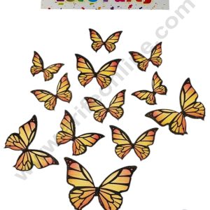 CAKE DECOR™ 10 Pcs Let's Party Yellow Orange Shade With Black Outlines Glitter Butterfly Paper Topper For Cake And Cupcake