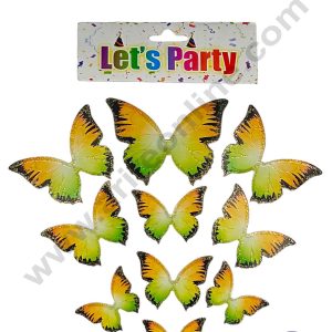 CAKE DECORβ’ 10 pcs Let's Party Glitter Yellow Green with Black Tips Butterfly Paper Topper For Cake And Cupcake