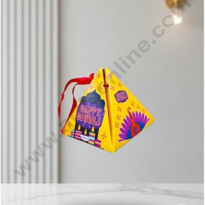 Yellow Pyramid Diwali Box Foldable With Ribbon - 10 Pcs Pack