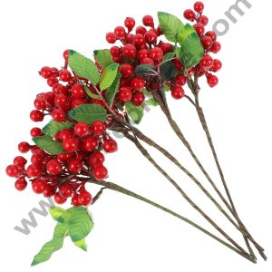 CAKE DECOR™1 Pcs Artificial Red Berries Twig | Faux Holly Berry Bouquet for Decoration – (1 Bunch)