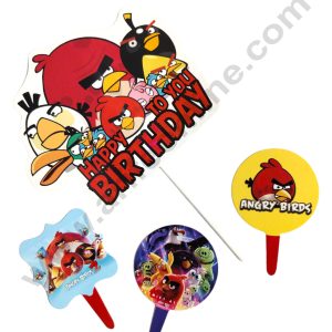 CAKE DECOR™ 4 Pcs Paper Angry Birds Theme Happy Birthday Topper For Cake And Cupcake