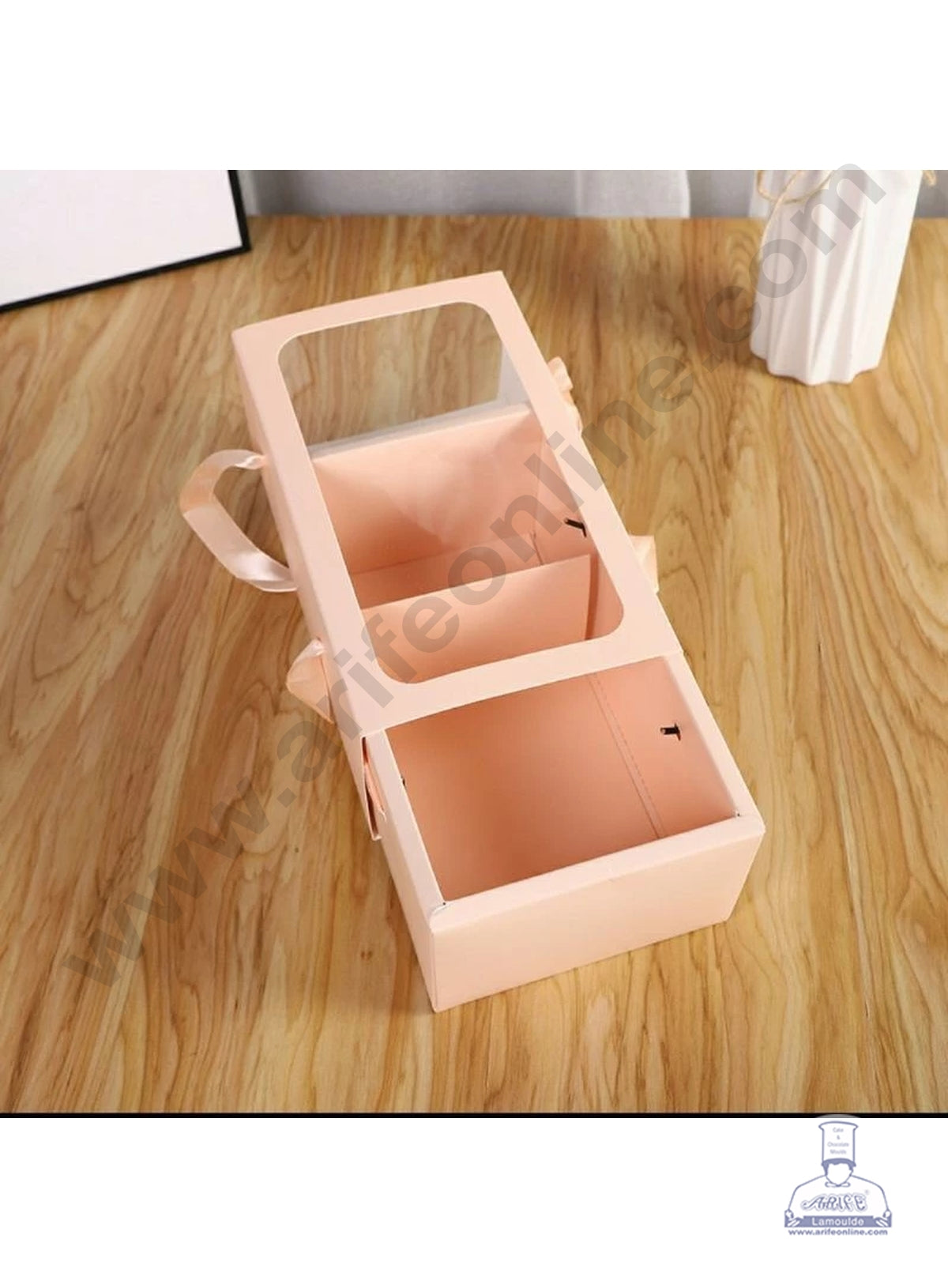 Rectangle Peach Sliding Hamper Box With Partition & Ribbons For Handle 1 Pcs Pack - CAKE DECOR™