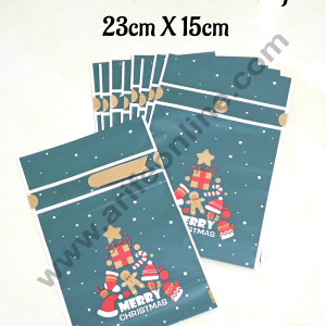 Cake Decor ™  Big Green White Color Christmas Theme Cookie pouch Plastic Drawstring Bag Treat With Ribbon | Design - 04  | Pack of 10 | (23cm X 15cm)