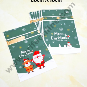 Cake Decor ™  Big Green White Color Christmas Theme Cookie pouch Plastic Drawstring Bag Treat With Ribbon | Design - 07  | Pack of 10 | (23cm X 15cm)