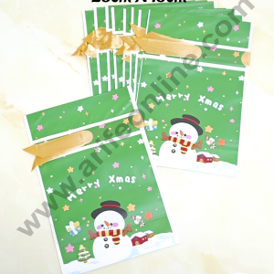 Cake Decor ™  Big Green White Color Christmas Theme Cookie pouch Plastic Drawstring Bag Treat With Ribbon | Design - 09 | Pack of 10 | (23cm X 15cm)