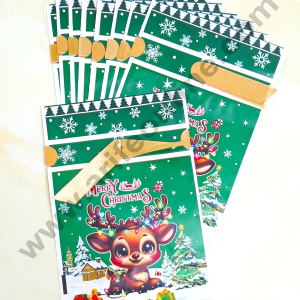 Cake Decor ™  Big Green White Color Christmas Theme Cookie pouch Plastic Drawstring Bag Treat With Ribbon | Design - 10 | Pack of 10 | (23cm X 15cm)