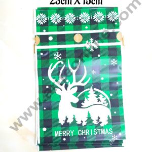 Cake Decor ™  Big Green Color Christmas Theme Cookie pouch Plastic Drawstring Bag Treat With Ribbon | Design - 12 | Pack of 10 | (23cm X 15cm)