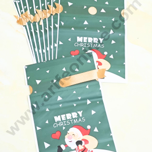 Cake Decor ™  Big Green White Color Christmas Theme Cookie pouch Plastic Drawstring Bag Treat With Ribbon | Design - 08 | Pack of 10 | (23cm X 15cm)