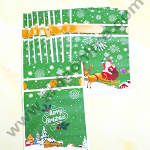 Cake Decor ™  Big Green White Color Christmas Theme Cookie pouch Plastic Drawstring Bag Treat With Ribbon | Design - 05  | Pack of 10 | (23cm X 15cm)