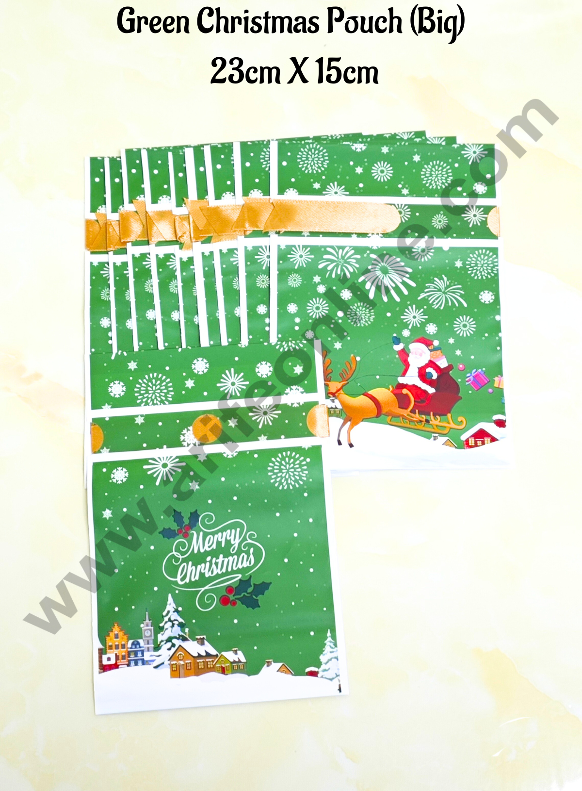 Cake Decor ™ Big Green White Color Christmas Theme Cookie pouch Plastic Drawstring Bag Treat With Ribbon | Design - 05 | Pack of 10 | (23cm X 15cm)