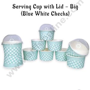 CAKE DECOR™ Big Blue White Checks Serving Cup with Lid  | Ice Cream Tub (10 Pcs Pack)