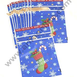 Cake Decor ™ Big Blue Color Christmas Theme Cookie pouch Plastic Drawstring Bag Treat With Ribbon | Design - 01 | Pack of 10 | (23cm X 15cm)