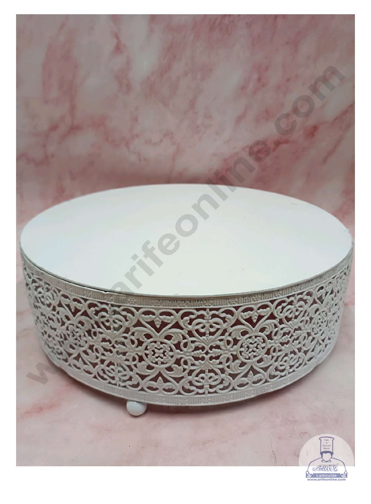 CAKE DECOR™ Round Lace White Metal Fancy Cake Display Stand & Cup Cake Stand with Floral Border - White (SBCS-1008)