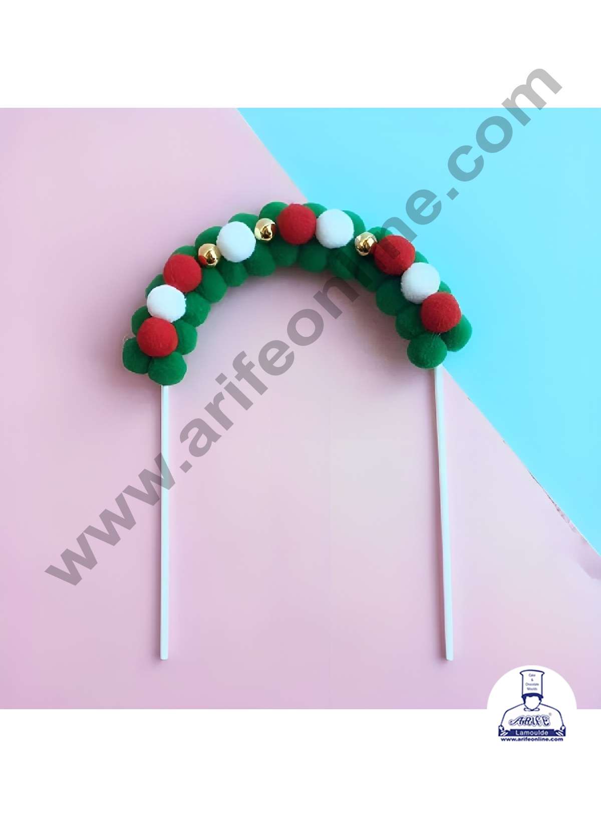 CAKE DECORβ’ Red Green White Soft Balls with Gold Pearl Cloud Arch Christmas Theme Cake Topper Cake Decoration (SB-Arch-RGW)