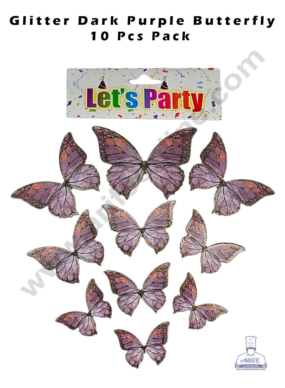 CAKE DECOR™ 10 pcs Let's Party Glitter Dark Purple Lines Butterfly Paper Topper For Cake And Cupcake