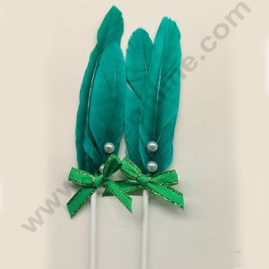 CAKE DECOR™ 2 Pcs Dark Green Shade Feather Topper For Cake Decoration