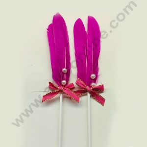 CAKE DECOR™ 2 Pcs Dark Pink Shade Feather Topper For Cake Decoration