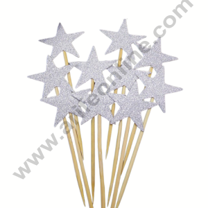 CAKE DECOR™ 10 Pcs Foam Star Silver Glitter Topper For Cake And Cupcake Decoration