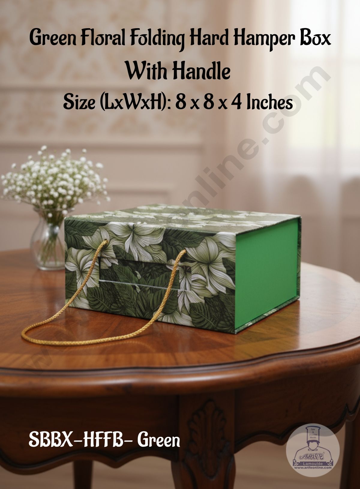 CAKE DECOR™ Green Floral Folding Hard Hamper Box With Handle | Gift Box | Present Box - 1 Pc | SBBX-HFFB-Green|