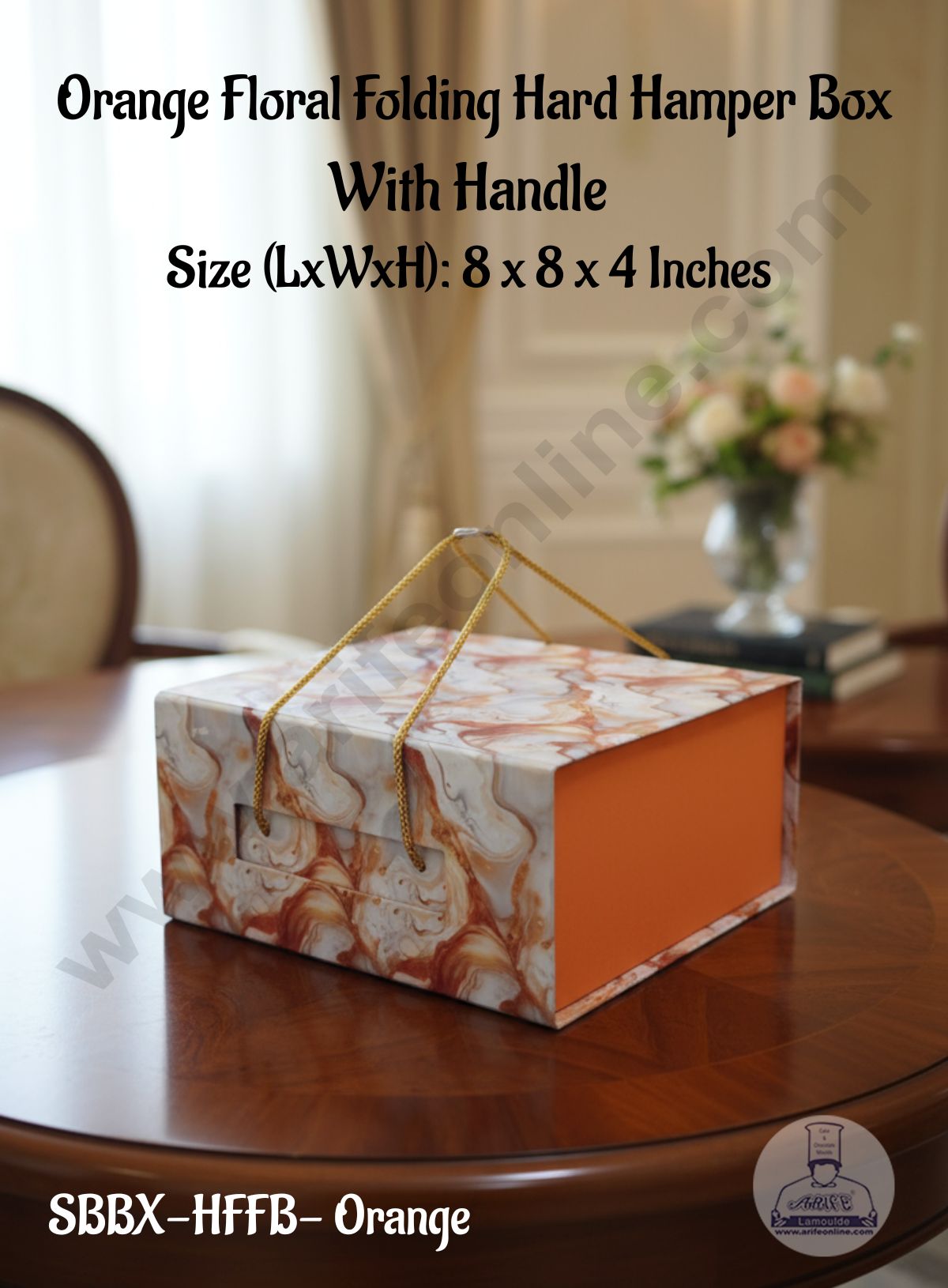 CAKE DECOR™ Orange Marble Folding Hard Hamper Box With Handle | Gift Box | Present Box - 1 Pc | SBBX-HFFB-Orange |