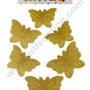 CAKE DECOR™ 6 Pcs Let's Party Yellow Golden Glittery Butterfly Paper Topper For Cake And Cupcake