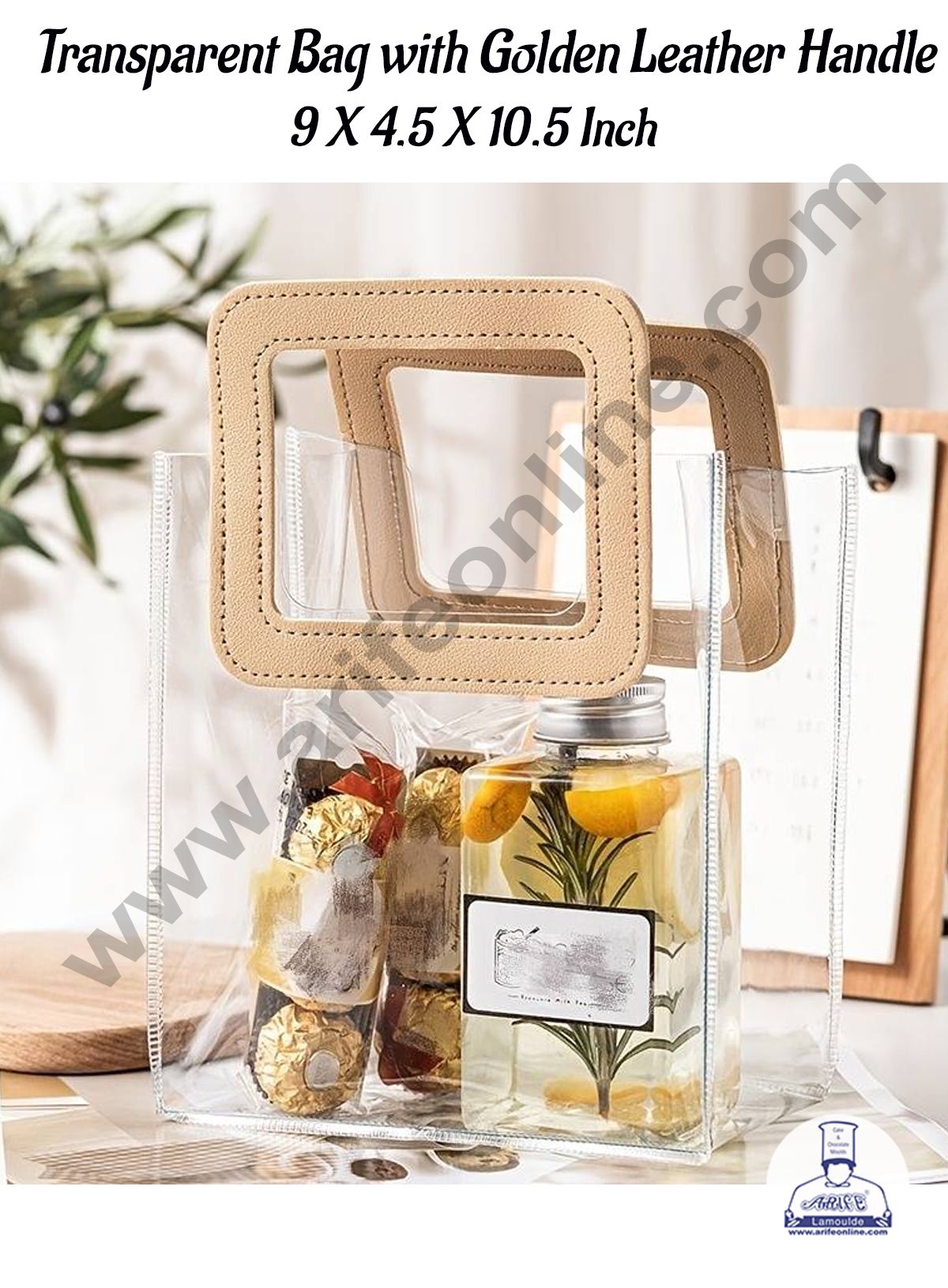 CAKE DECOR™ 1 Piece Transparent Bag with Golden Leather Handle (9 X 4.5 X 10.5 Inch) | Gift Box | Gift Bag with Handle