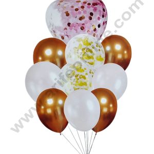Cake Decor™ Golden White Balloons wit Heart Round Confetti Balloons Set ( Pack of 10 Pcs )