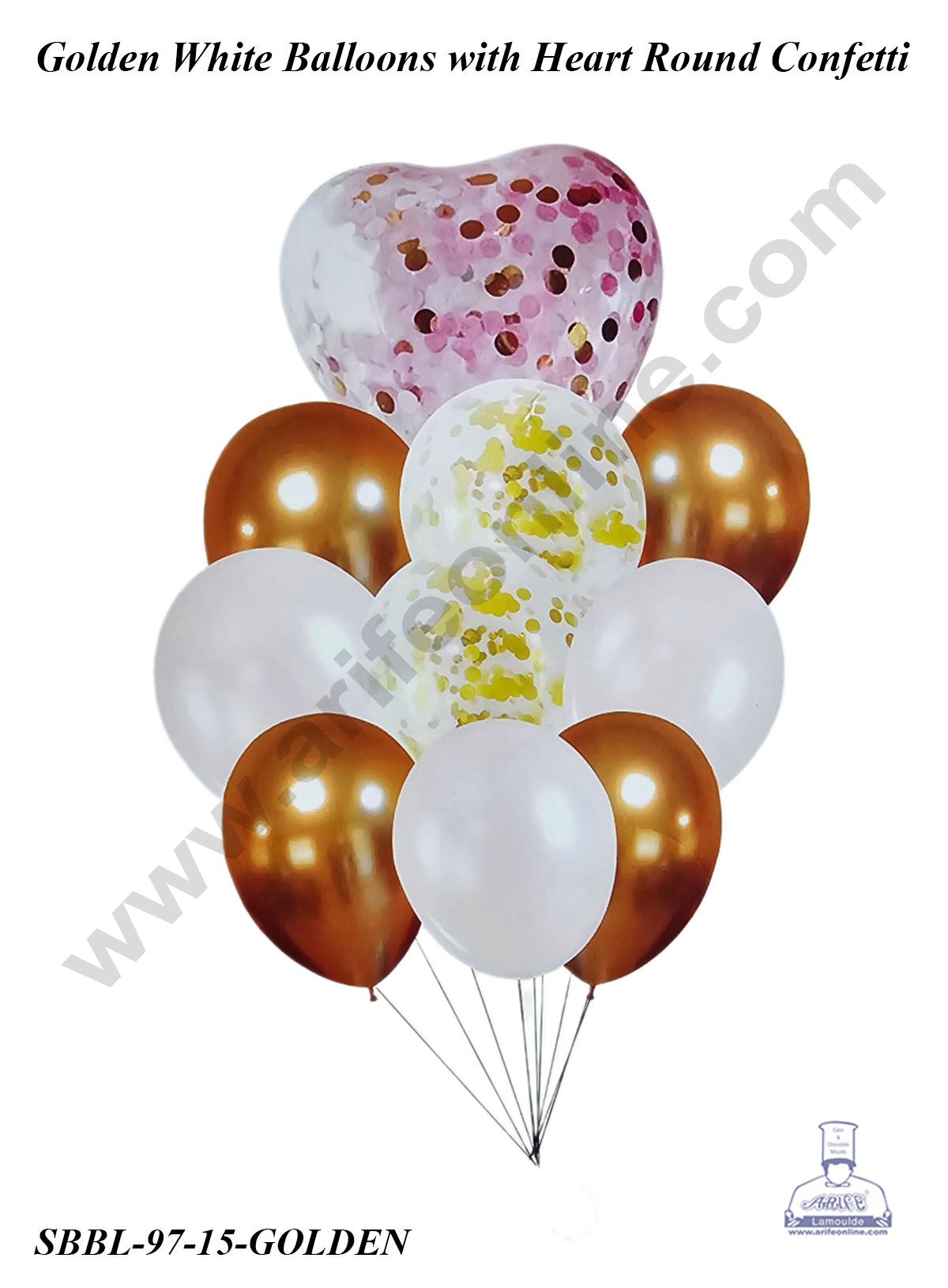 Cake Decorβ’ Golden White Balloons wit Heart Round Confetti Balloons Set ( Pack of 10 Pcs )