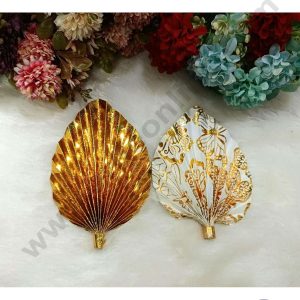 CAKE DECOR™ 2 pcs Gold Palm Leaves with One Side Design Paper Topper For Cake Decoration - Gold & White ( SBMT-PL-11 )