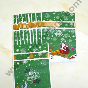 Cake Decor ™ Small Green Color Christmas Theme Cookie pouch Plastic Drawstring Bag Treat With Ribbon | Design - 08 | Pack of 10 | (12cm X 17.5cm) Small