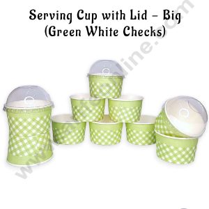 CAKE DECOR™ Big Green White Checks Serving Cup with Lid  | Ice Cream Tub (10 Pcs Pack)