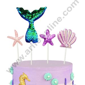 CAKE DECOR™ Green Blue Sequin Mermaid Tail with Star Fish & Shell Cake Topper - Set of 4 Pcs (SB-SMT-4GB)