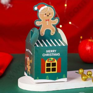 CAKE DECOR™ Fancy Merry Christmas Print Box with Ginger Bread Cutout Handle & Window Gift Box | Candy Box | Cookies Box | Sweet Treats Box - Green (10 Pcs Pack)