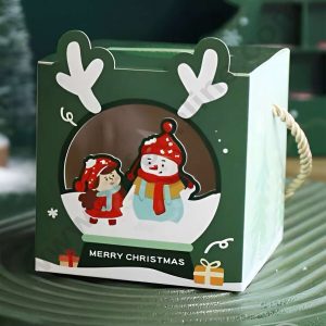 CAKE DECOR™ Christmas Theme Girl & Snowman Print Box with Rope Style Handle Gift Box | Candy Box | Cookies Box | Sweet Treats Box - Green (10 Pcs Pack)