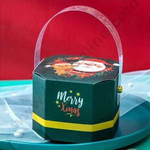 CAKE DECOR™ Christmas Theme Octagon Shape Box with Transparent Handle Gift Box | Candy Box | Cookies Box | Sweet Treats Box - Green (10 Pcs Pack)