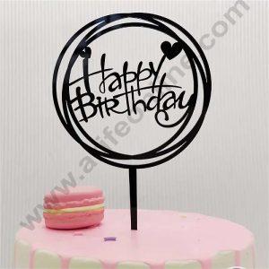 CAKE DECOR™ Black Acrylic Happy Birthday in Round with Rings Cake Topper SBMT-N-002