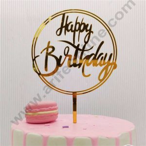 CAKE DECOR™ Gold Mirror Finishing Acrylic Happy Birthday in Double Round Frame Cake Topper SBMT-N-018