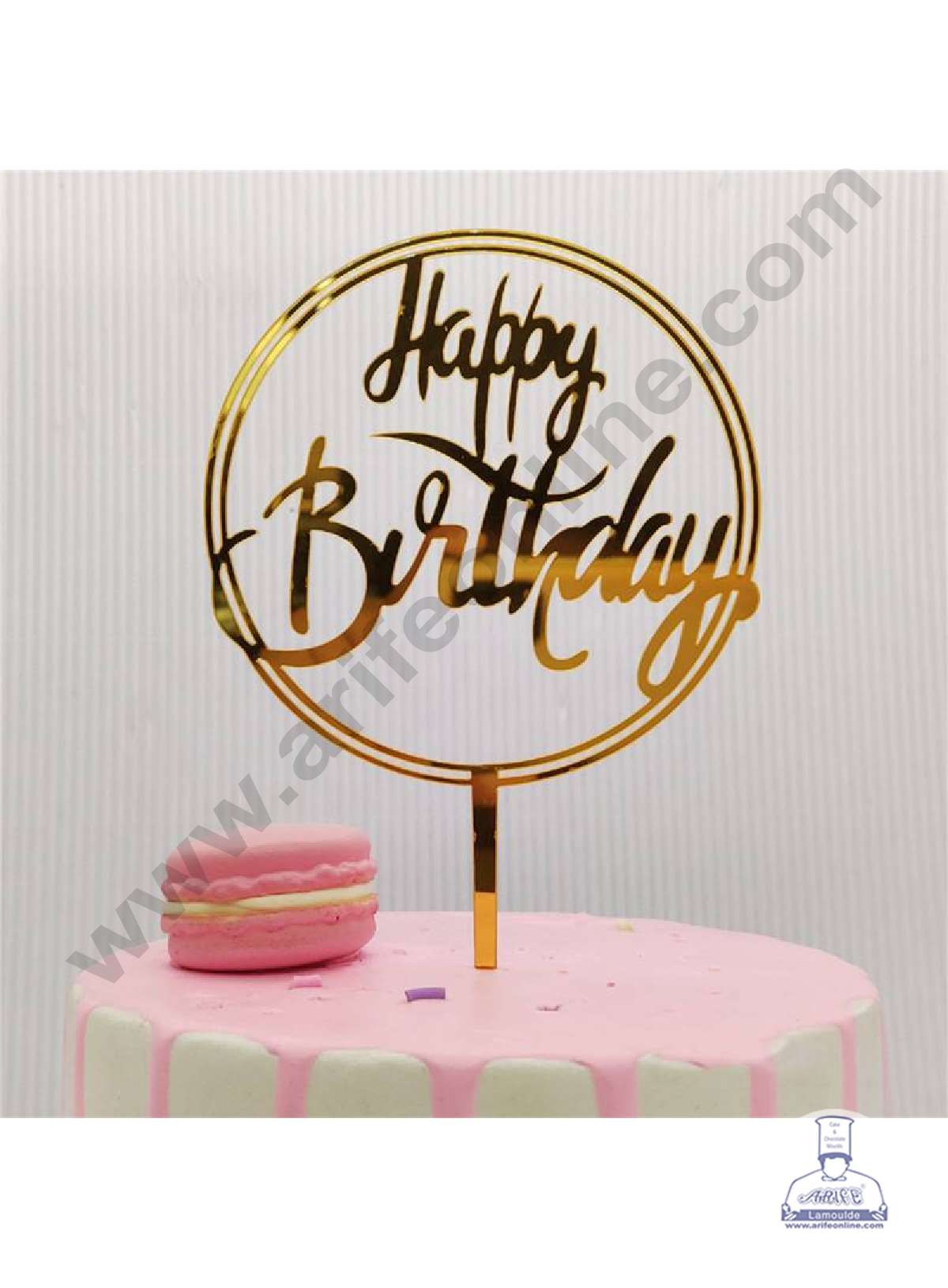 CAKE DECOR™ Gold Mirror Finishing Acrylic Happy Birthday in Double Round Frame Cake Topper SBMT-N-018