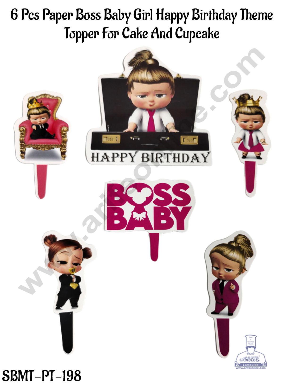 CAKE DECOR™ 5 Pcs Paper Boss Baby Girl Happy Birthday Theme Topper For Cake And Cupcake