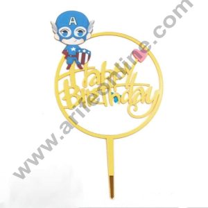 CAKE DECORβ’ 5 Inch Imported Printed Cake and Cupcake Topper - Acrylic Round Baby Captain America Happy Birthday Topper - 11