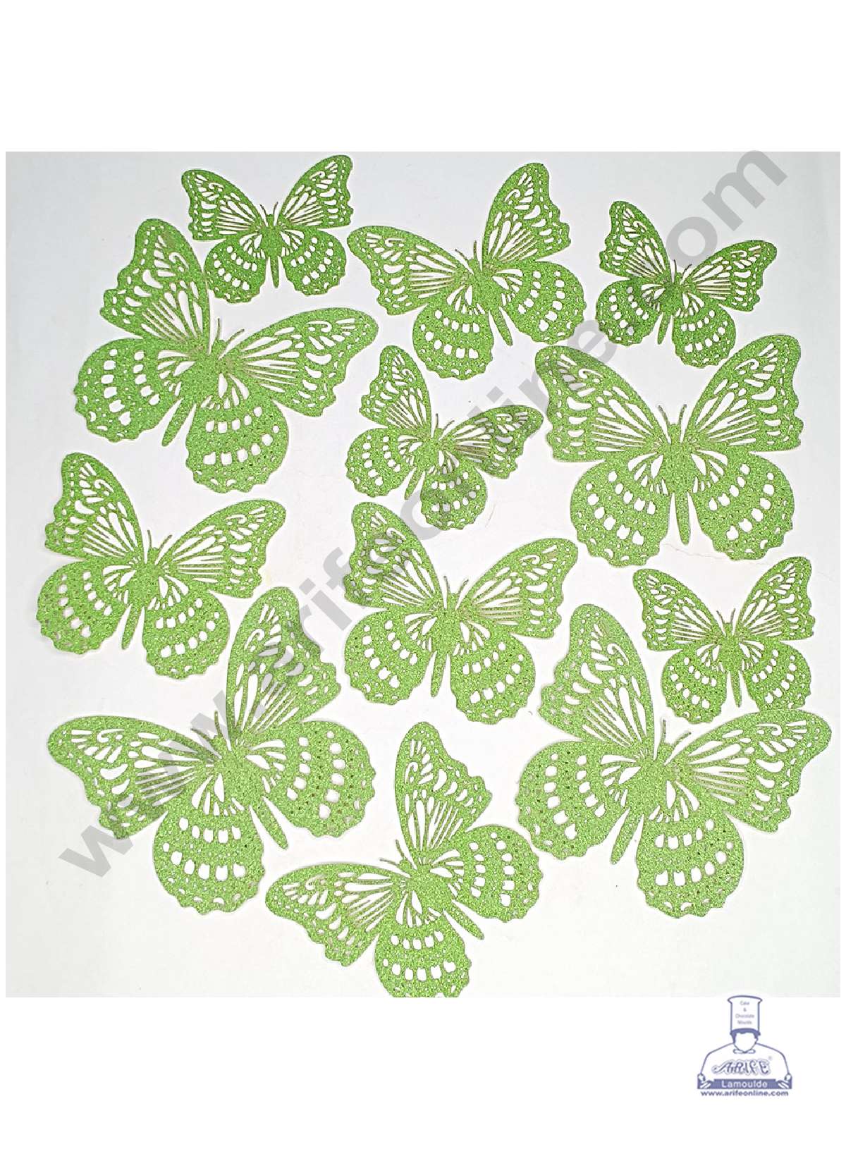 CAKE DECOR™ 12 pcs Glitter Light Green Imported Butterfly Paper Topper For Cake And Cupcake
