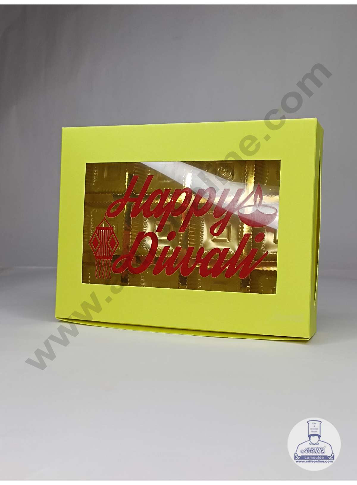 CAKE DECOR™ 12 Cavity Neon Yellow Chocolate Box with Happy Diwali Print on Clear Window & Cavity ( 10 Piece Pack ) - Neon Yellow