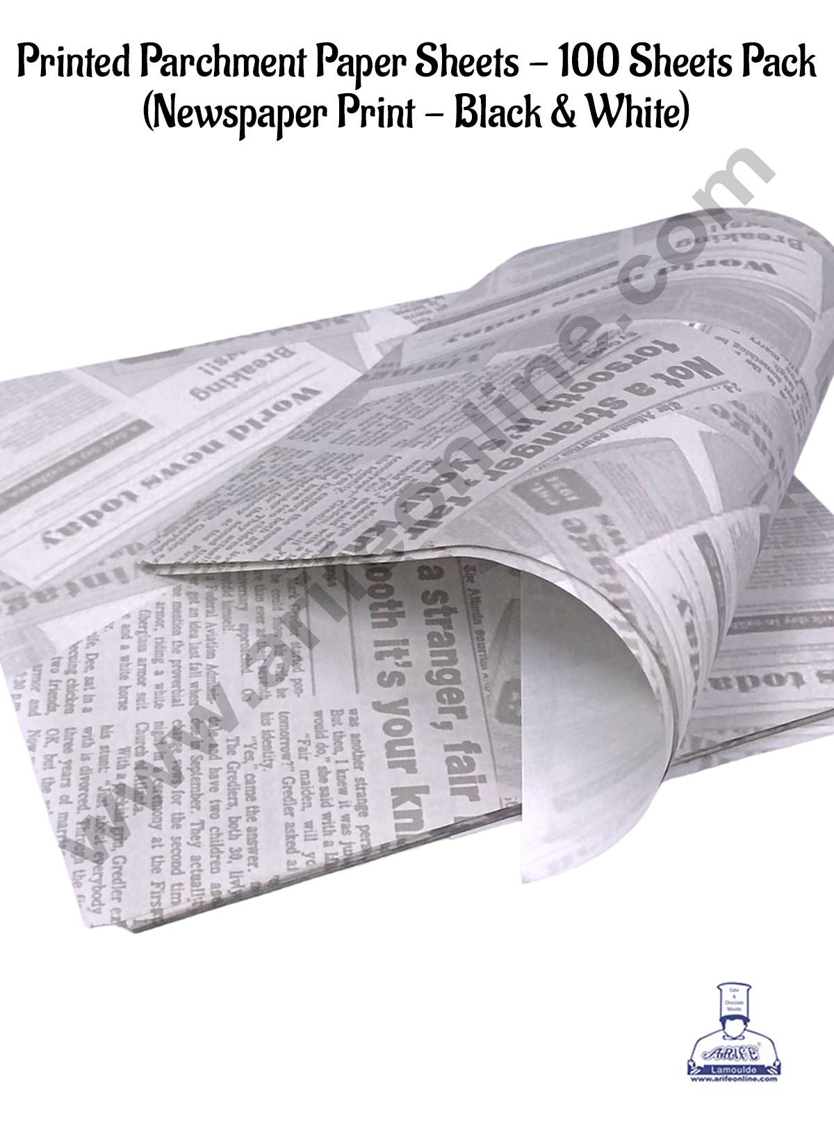 CAKE DECORβ’ Printed Parchment Paper | Bento Box Liner | Grease Proof Paper | Wrap Paper - Black & White Newspaper Print (100 Sheets)