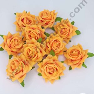 CAKE DECOR™ Medium Velvet Rose Artificial Flower For Cake Decoration – Orange Yellow ( 10 pcs Pack )