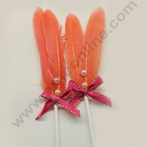 CAKE DECOR™ 2 Pcs Peach Shade Feather Topper For Cake Decoration