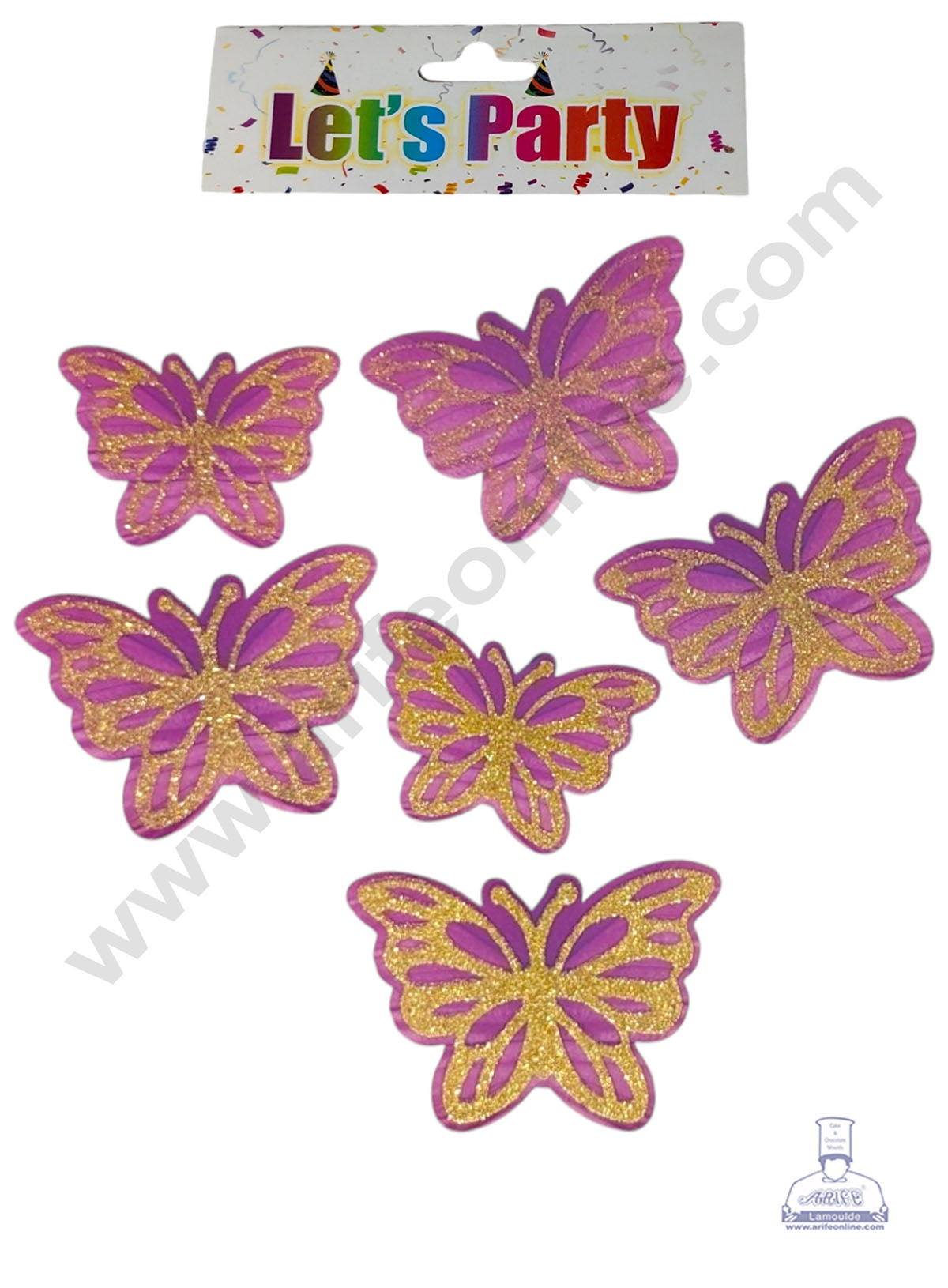 CAKE DECOR™ 6 Pcs Let's Party Purple Gold Glittery Butterfly Paper Topper For Cake And Cupcake