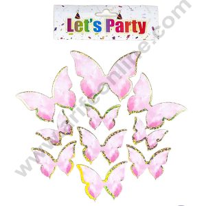 CAKE DECORβ’ 10 pcs Let's Party Pink with Golden Sparkle Border Butterfly Paper Topper For Cake And Cupcake