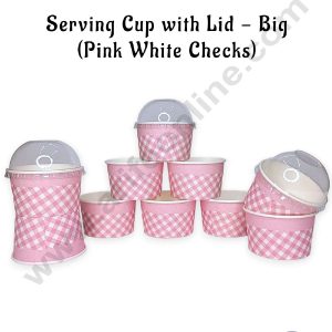CAKE DECOR™ Big Pink White Checks Serving Cup with Lid  | Ice Cream Tub (10 Pcs Pack)