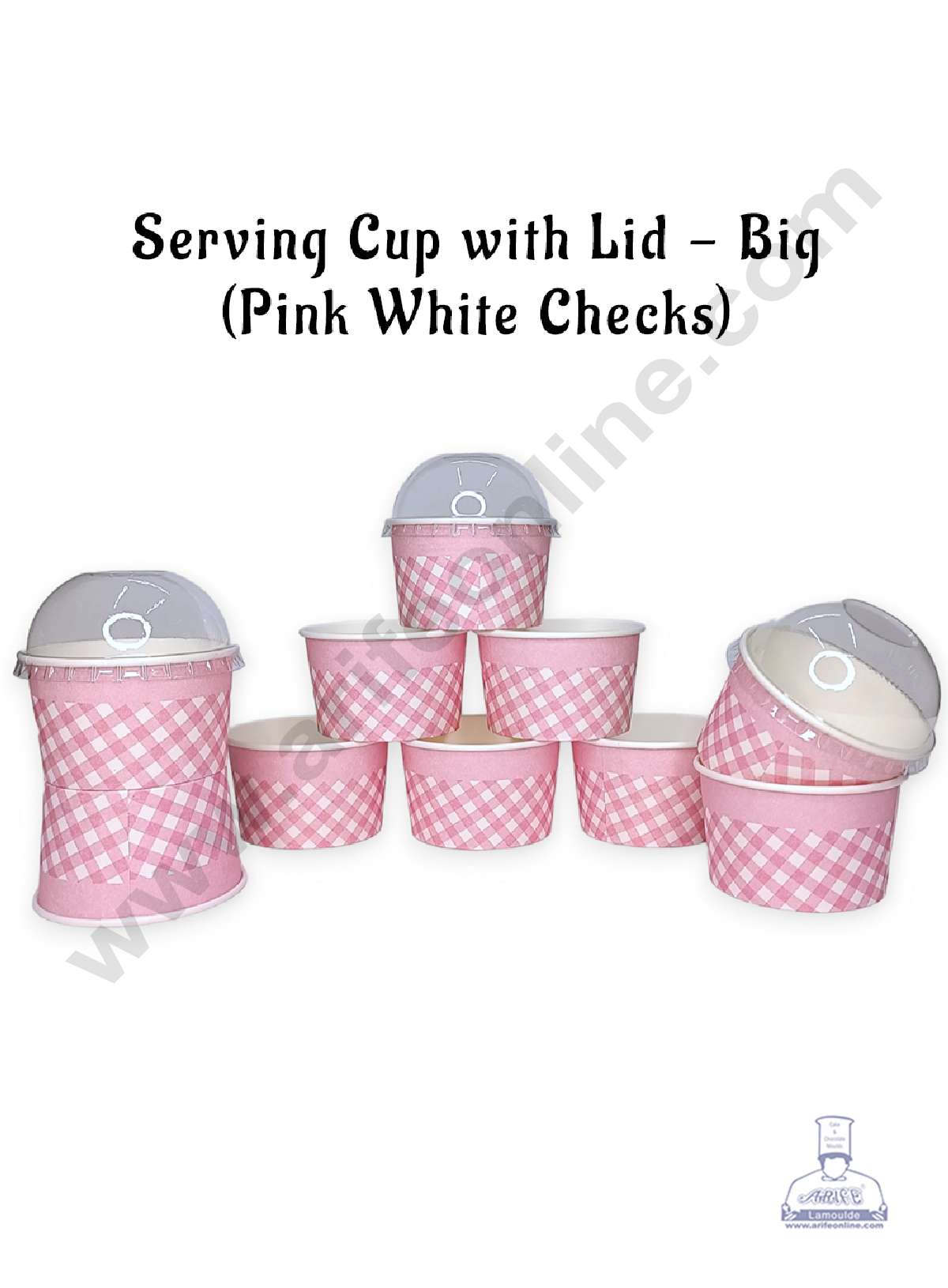 CAKE DECORβ’ Big Pink White Checks Serving Cup with Lid | Ice Cream Tub (10 Pcs Pack)